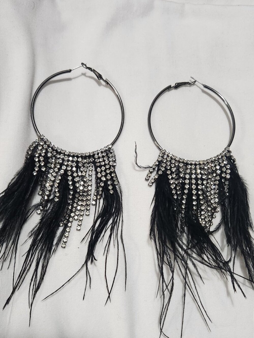 Black Silver Earrings Feather Rhinestone Dangle Hoop Clamp